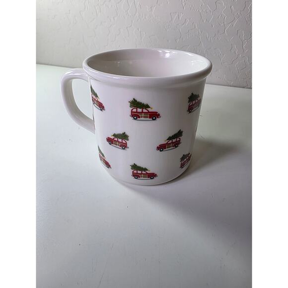 POTTERY BARN White Red Green Christmas Tree Woody Car Glazed Coffee Mug - Picture 3 of 8